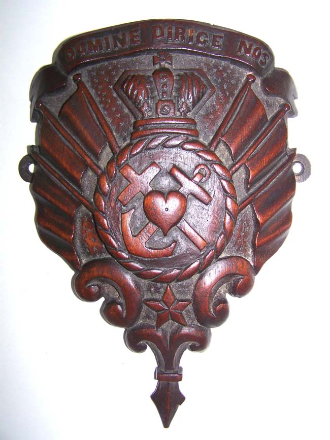 A 19th century Carved Wooden Shield with the words "Domine Dirige Nos" (Lord, Guide Us)